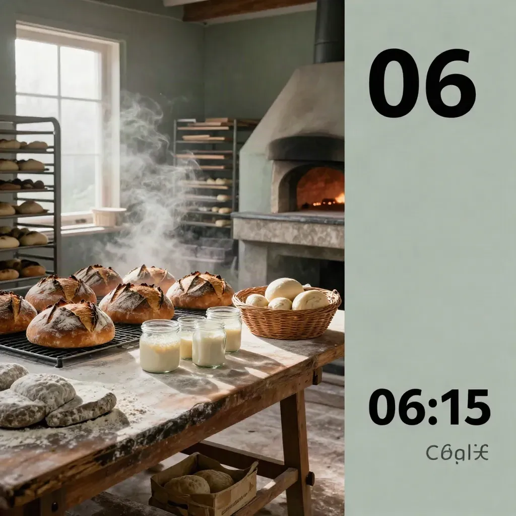 Panetteria artigianale all’alba con filoni, focacce, ceste e forno in pietra nella luce lattiginosa.