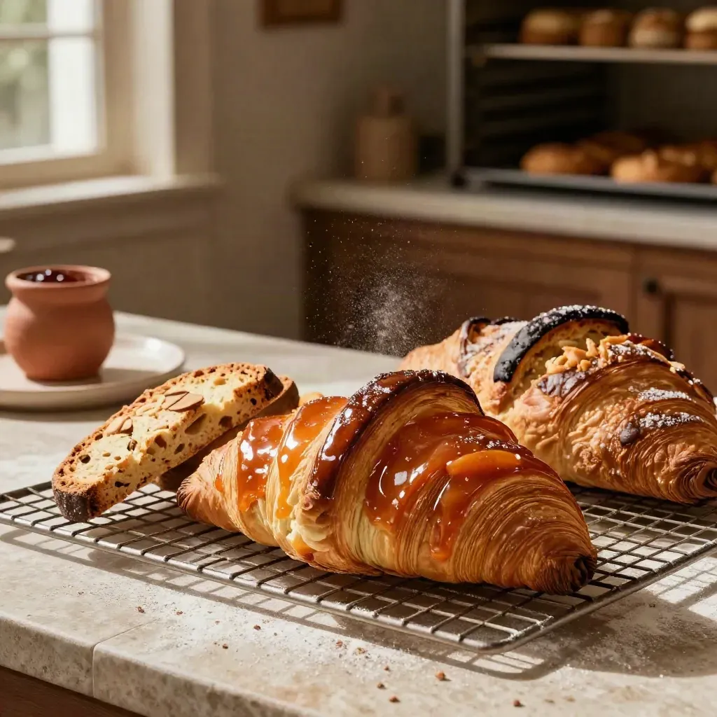 Crostate, biscotti e brioche rustiche su griglia con piatto in pietra e vasetto di confettura.