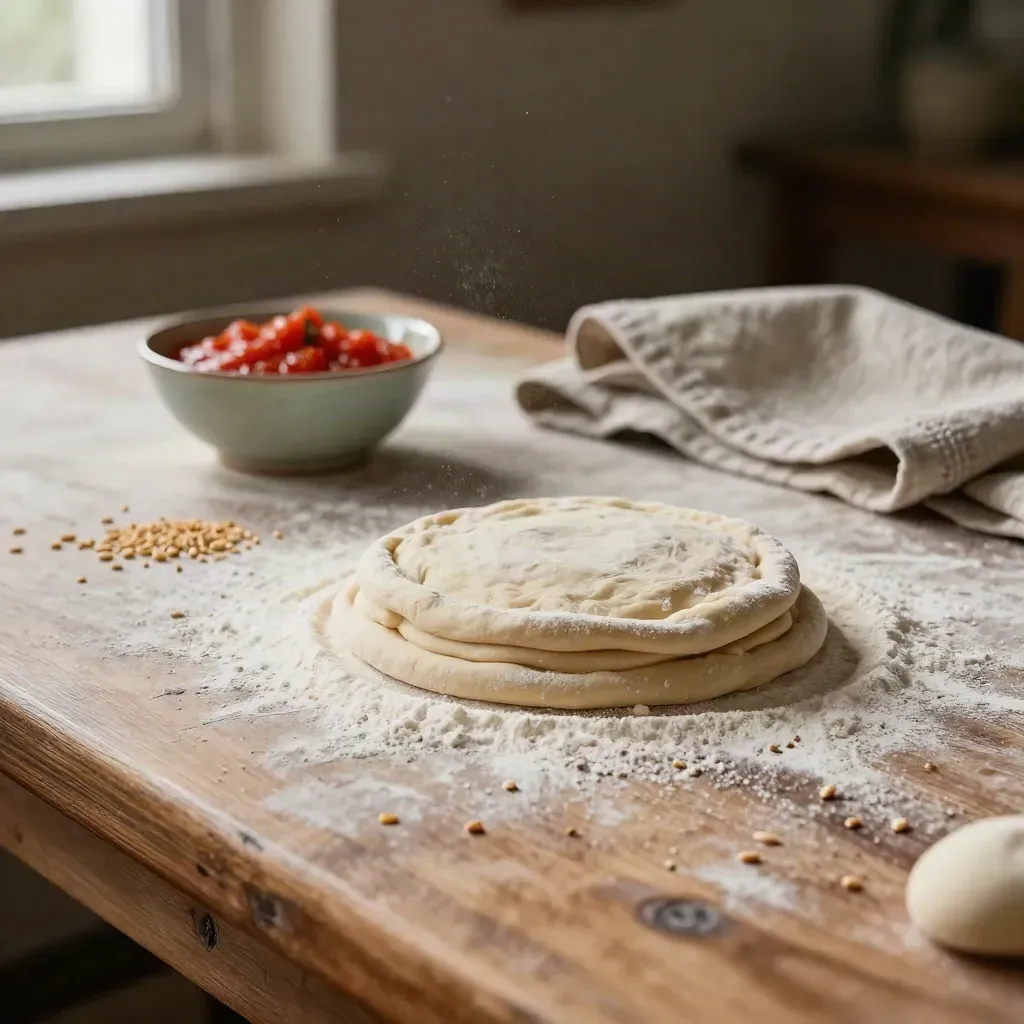 Basi per pizza su pala infarinata con semola e salsa di pomodoro sfocata