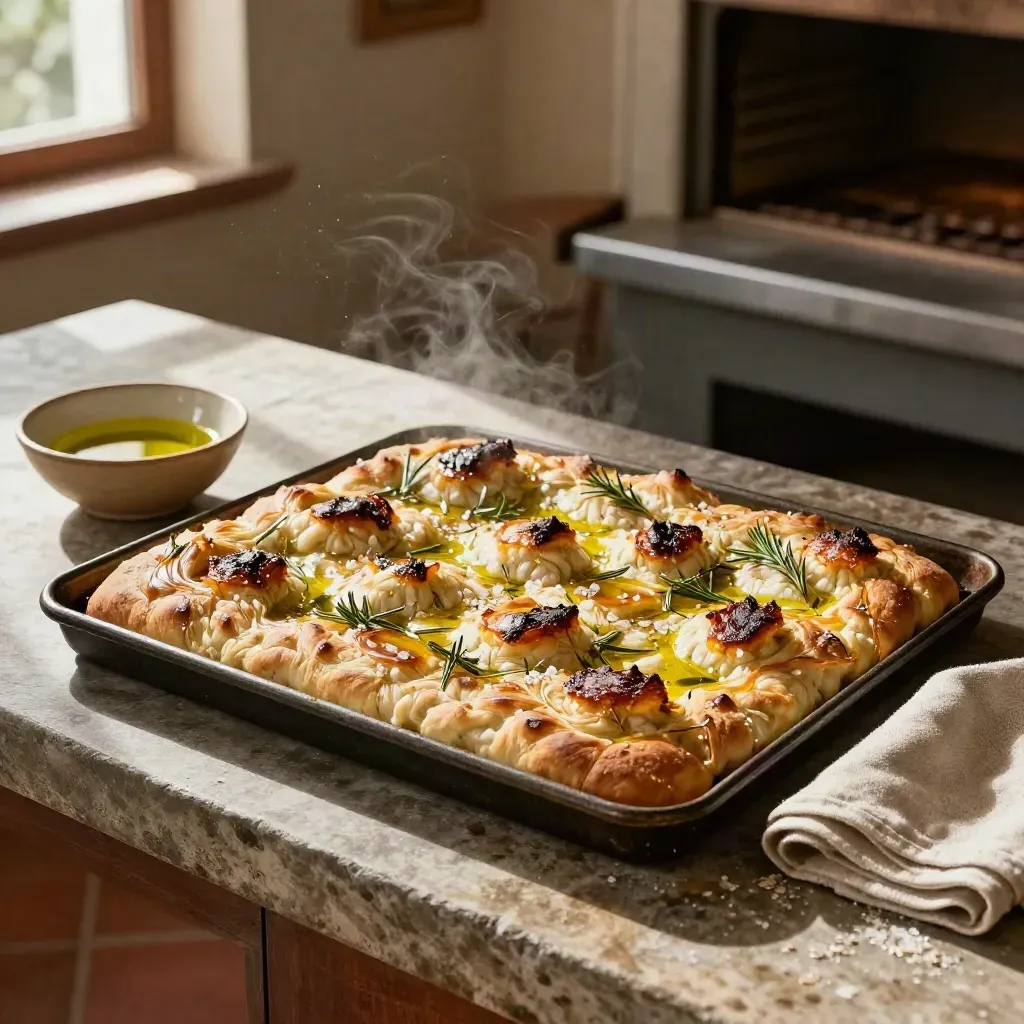 Teglia di focaccia rustica con olio, sale grosso e rosmarino su banco caldo di forno