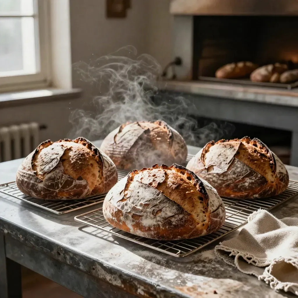 Tre pagnotte rustiche e due filoni su griglie, con vapore e ceste di vimini in una bakery calda.