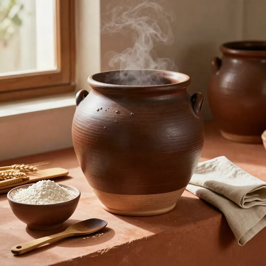 Vaso in ceramica della madre viva con farina integrale, spatola di legno e telo su mensola calda.
