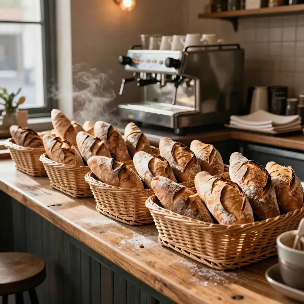 Banco di bar con filoni in ceste di vimini, macchina espresso sullo sfondo, luce calda del mattino.
