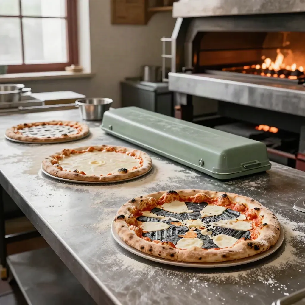 Basi pizza su teglie forate davanti al forno acceso in cucina di pizzeria.