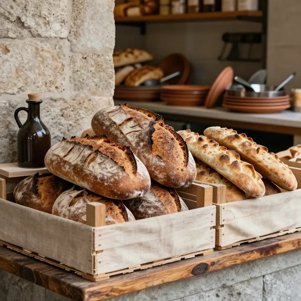 Cassette di pane e focaccia su scaffale di trattoria, brocca d’olio e muro in pietra