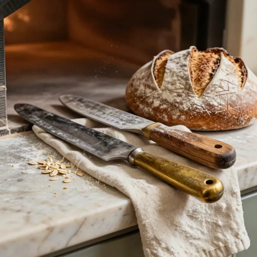 Attrezzi da forno con lama, pala, banneton e lino su travertino