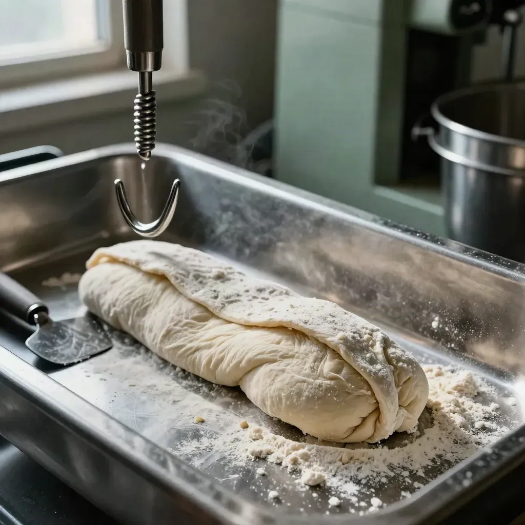 Vasca d’impasto in acciaio con gancio spiralato, raschiatore e pasta elastica in piega compatta