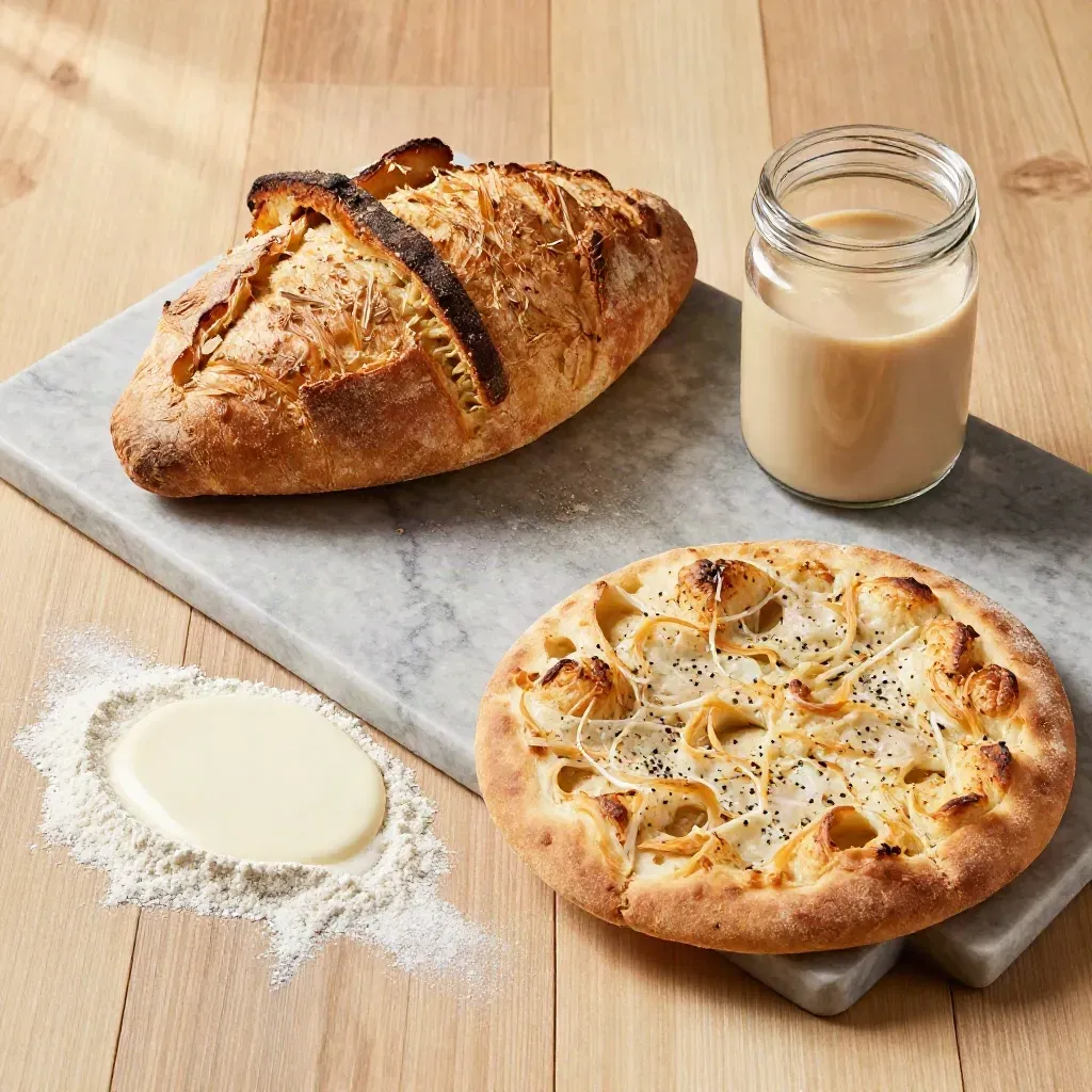 Pane, focaccia, base pizza e vaso madre su ardesia chiara, luce morbida laterale