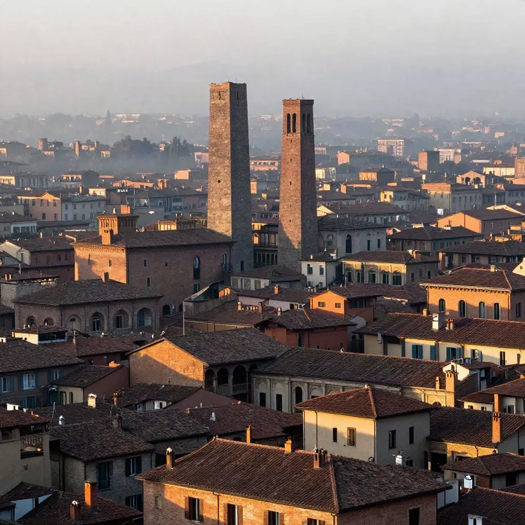 Bologna all’alba con le Due Torri sopra tetti di terracotta nella foschia mattutina.