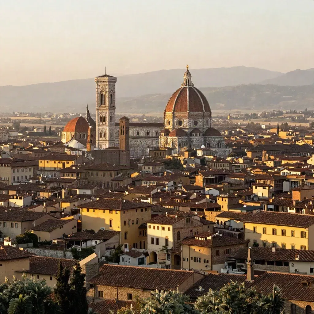 Duomo e Ghirlandina di Modena al tramonto sopra tetti e campi nella foschia.