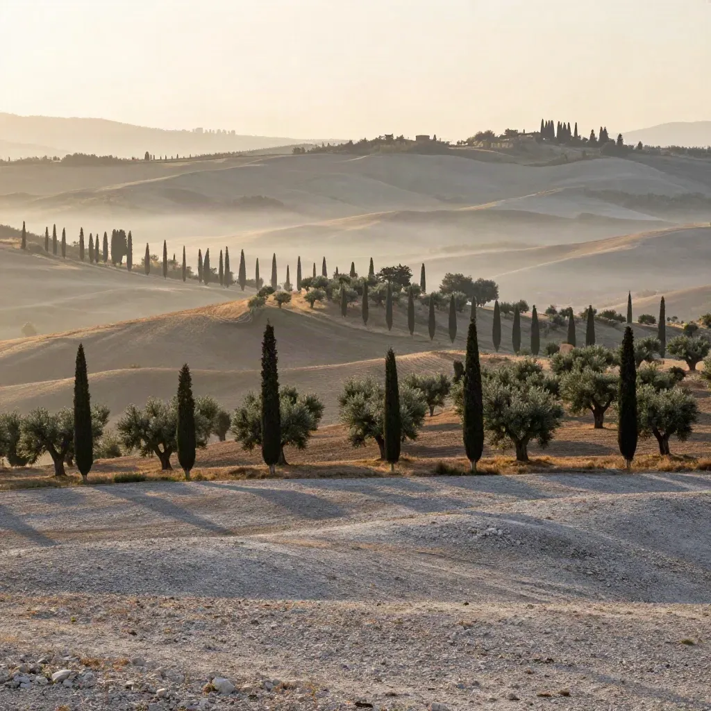Paesaggio della Toscana nord all’alba con colline, ulivi, cipressi e borgo lontano nella foschia